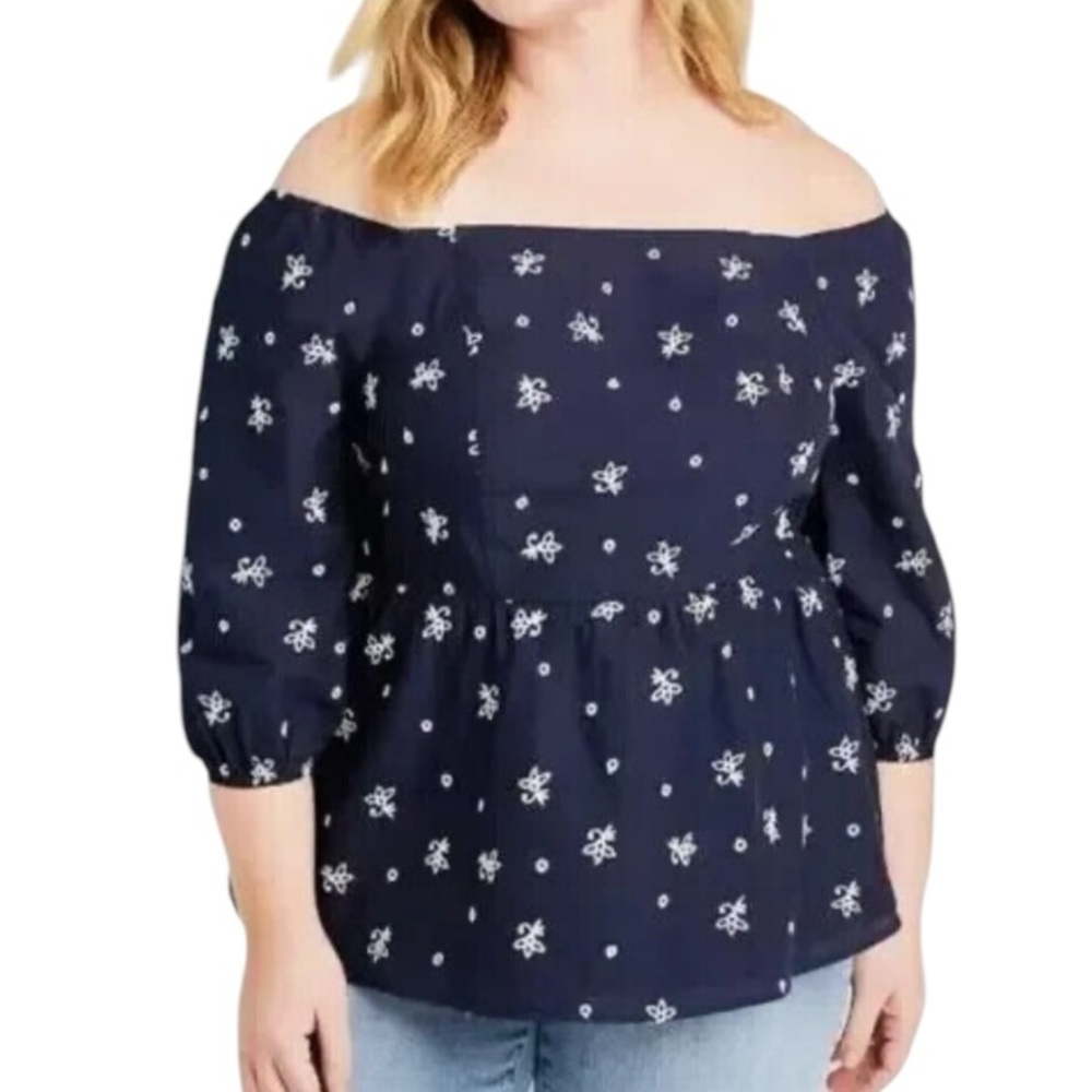 Lane Bryant Peplum Navy Eyelet Size 18 Lined 100% Cotton 3/4 Balloon Sleeve blue